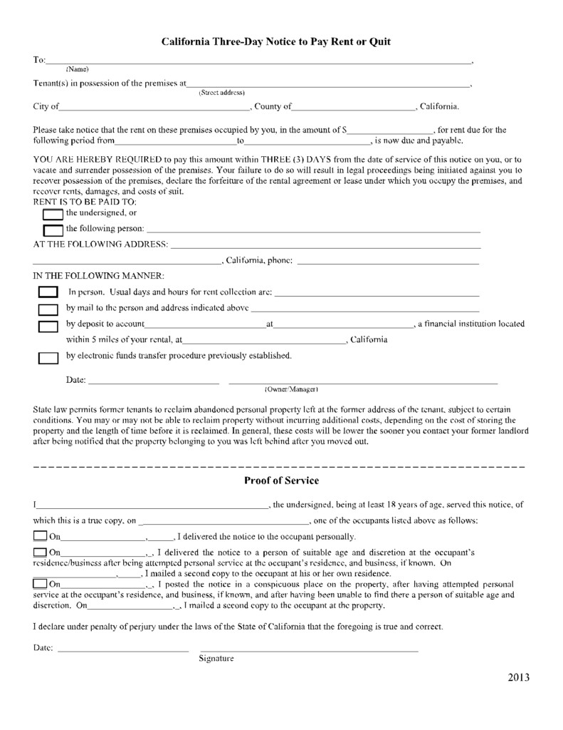 3 Day Notice To Pay Or Quit Fillable Form California Printable Forms 