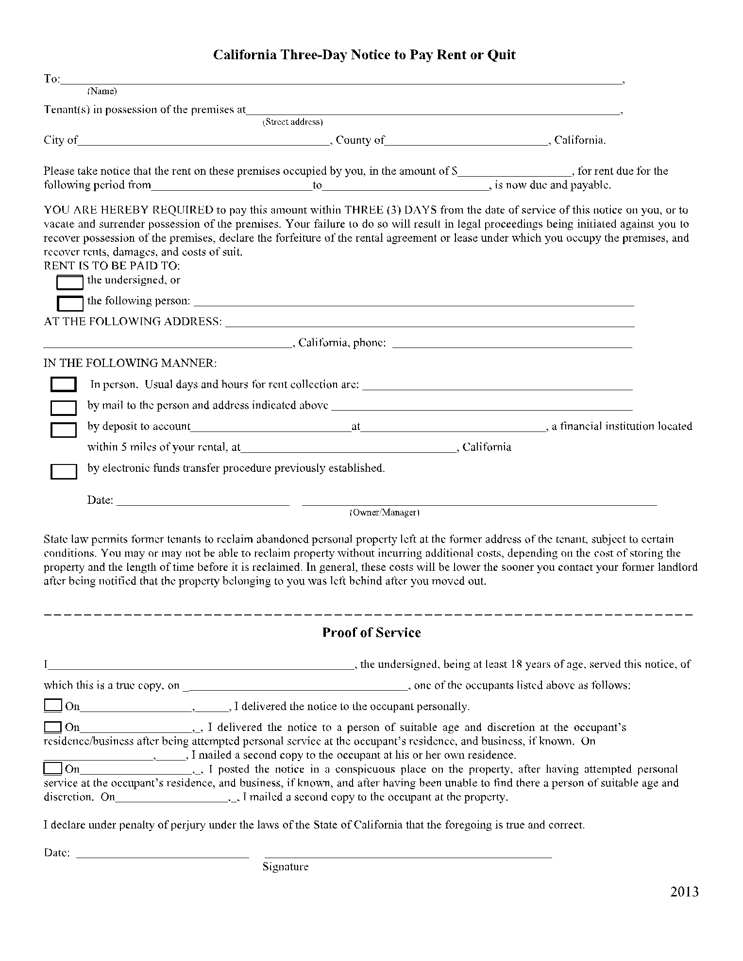 3 Day Notice To Pay Or Quit Fillable Form California Printable Forms