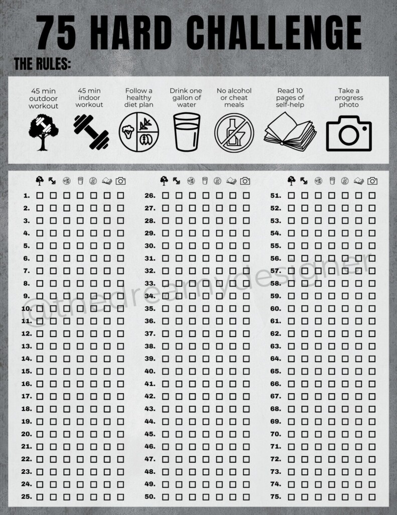 75 Hard Challenge Printable PDF 75 Hard Tracker 75 Hard Checklist 75 