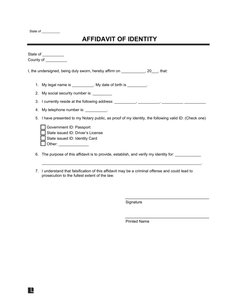 Affidavit Of Identity Form PDF Word