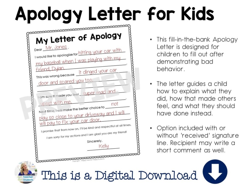 Apology Letter Printable Apology Letter Template For Kids Etsy