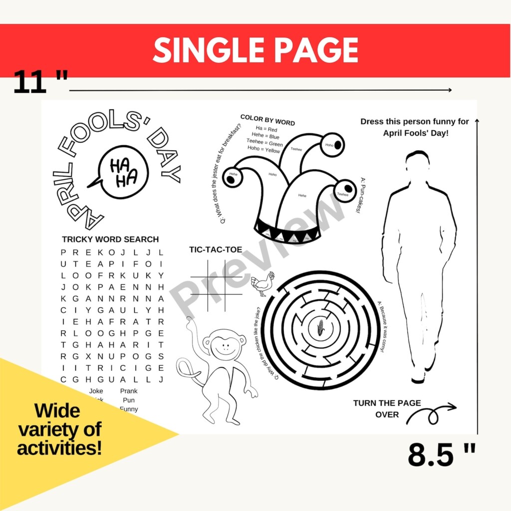 April Fools 39 Day Printable Activities Worksheet For Kids Etsy