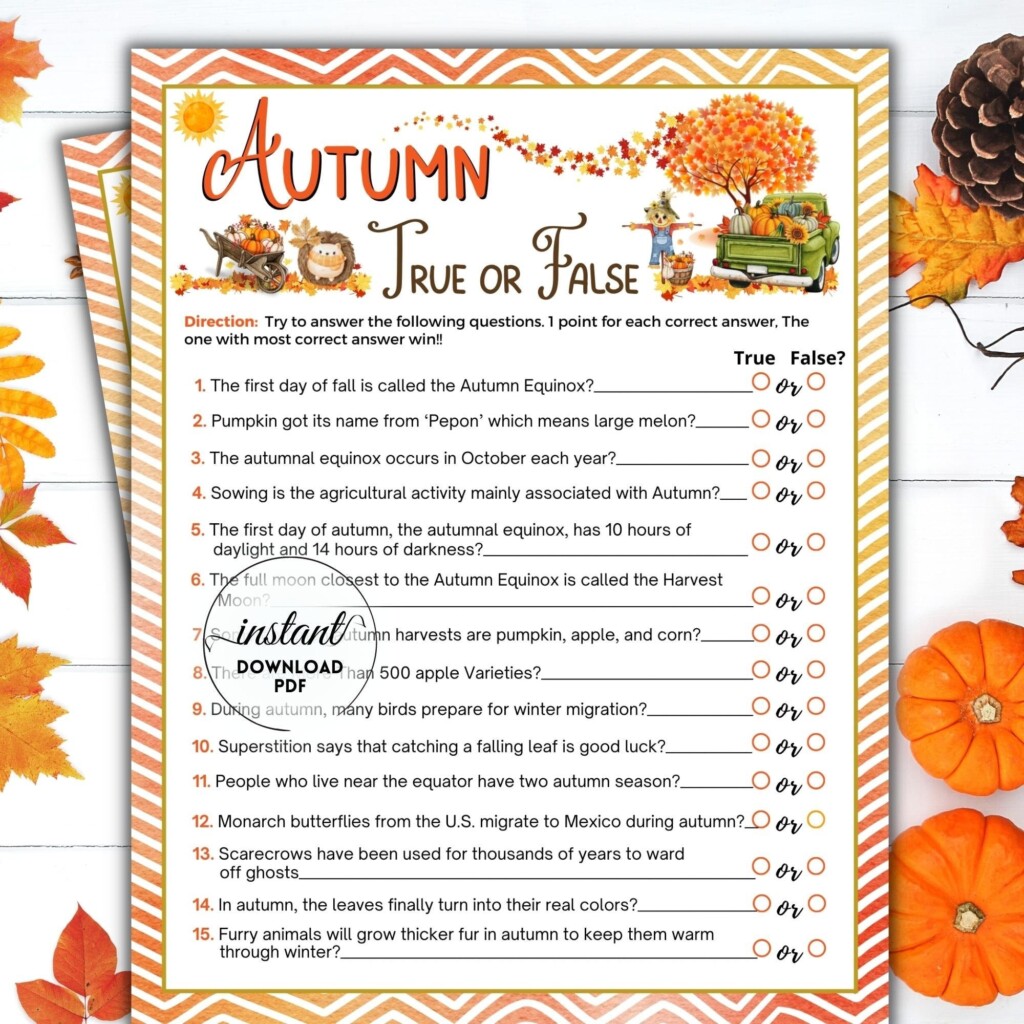 Autumn Trivia True Or False Questionnaire Game Autumn Printable 