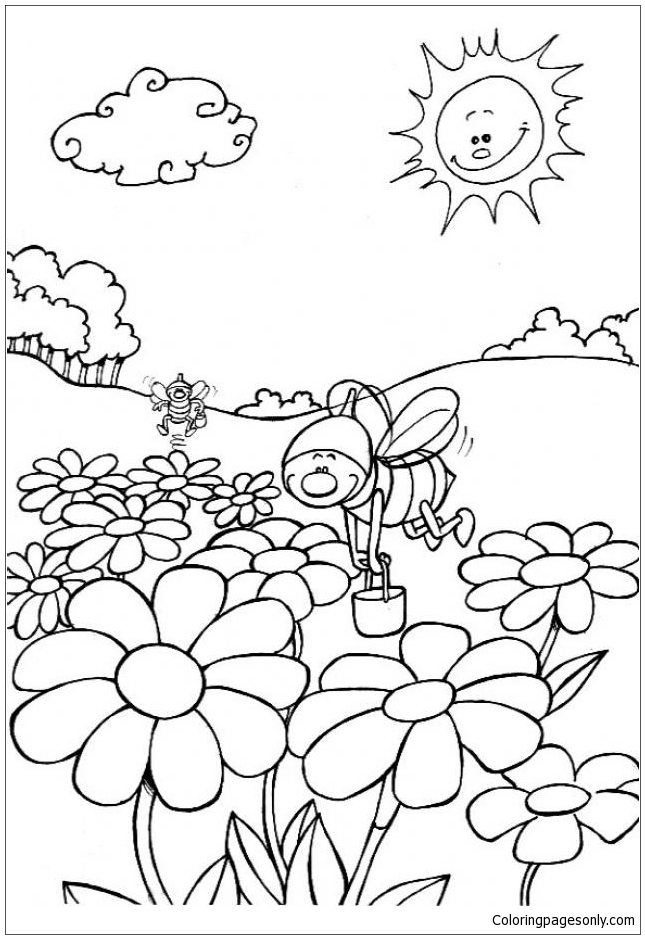 Bees And Flowers Coloring Page Free Printable Coloring Pages