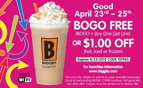 Biggby Coffee Printable Coupon Buy One Get One FREE Specialty Beverages