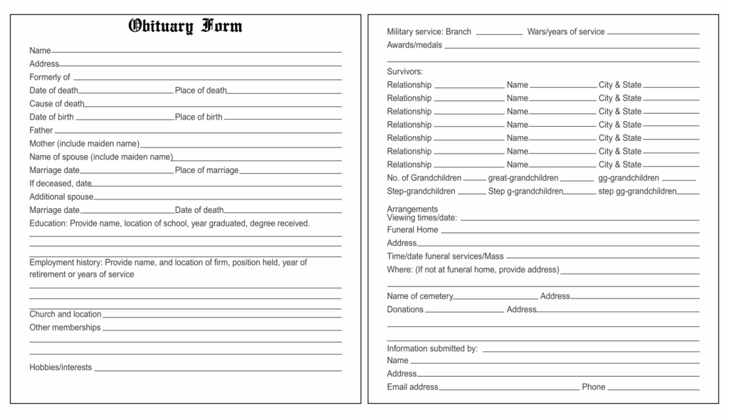 Blank Fillable Obituary Form Printable Forms Free Online