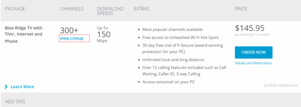 Blue Ridge Cable Channels Packages List With Numbers