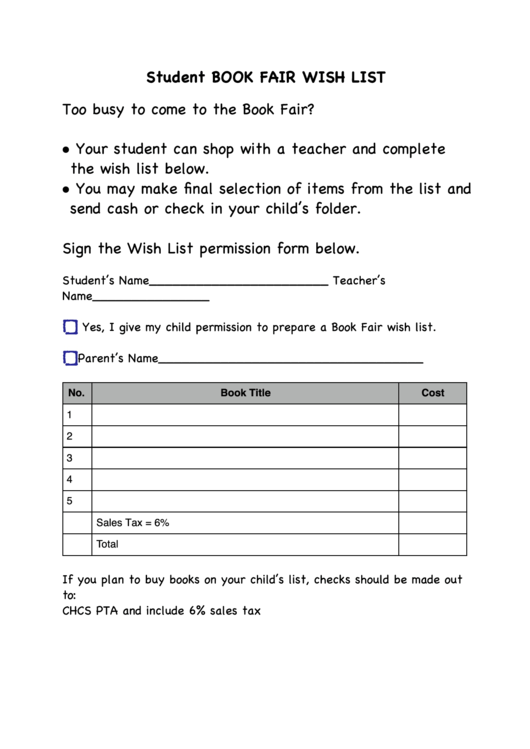 Book Fair Wish List Printable Pdf Download