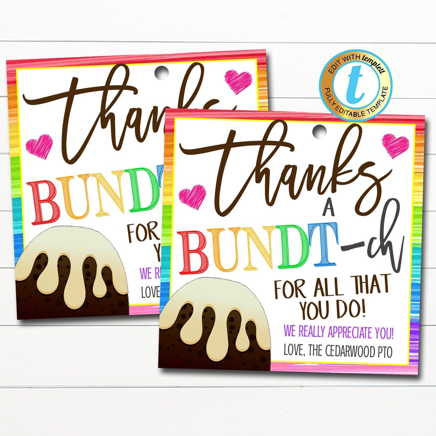 Bundt Cake Gift Tag Thanks A Bundtch For All You Do School Pto Pta