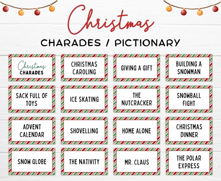 Christmas Charades Printable Game Charades Cards Christmas Pictionary 