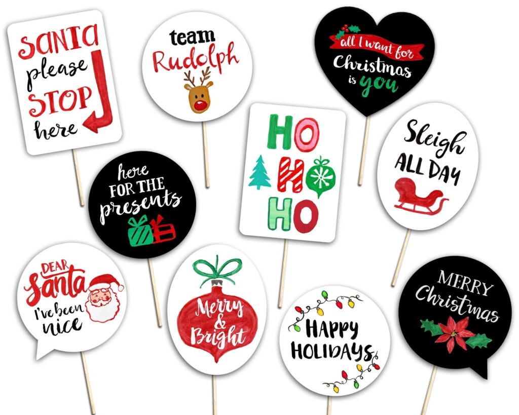 Christmas Photo Booth Props 10 Printable Hand Painted Signs White Black 