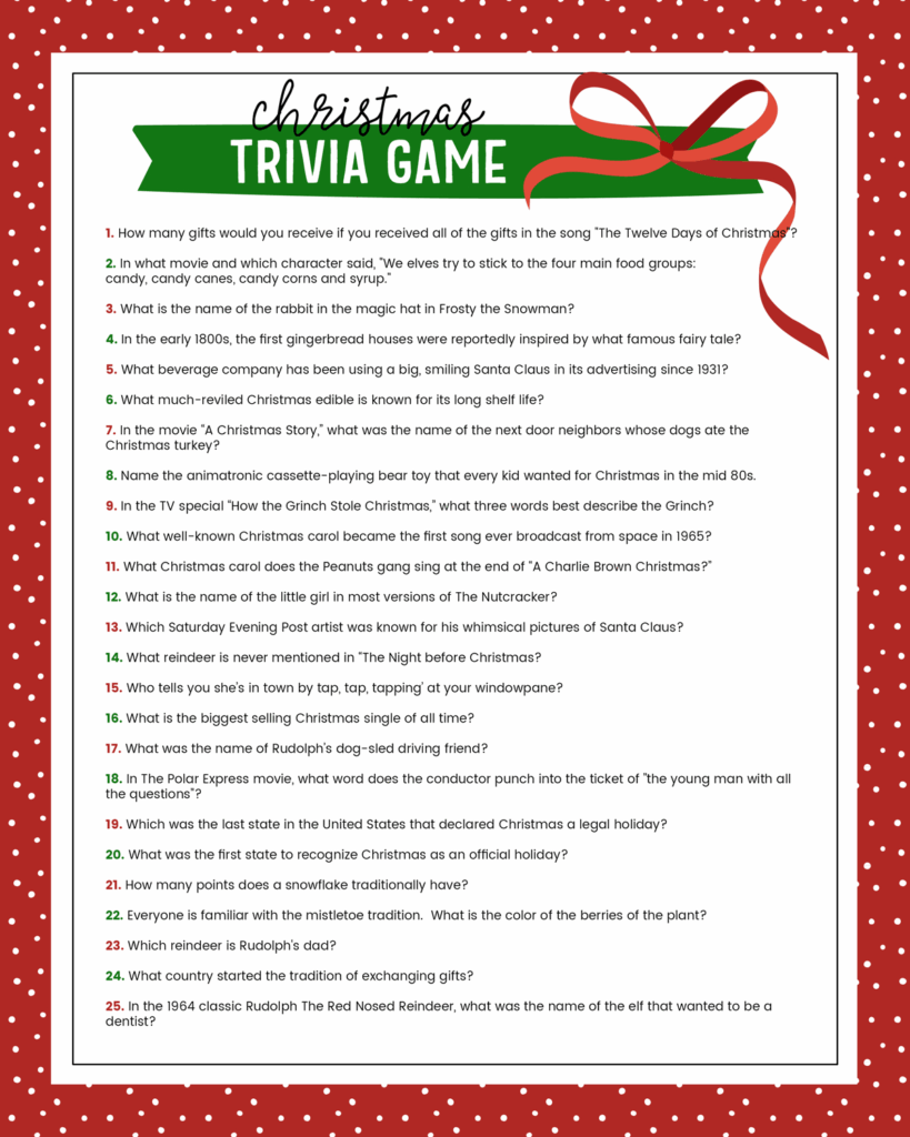 Christmas Trivia Questions And Answers Free Printable FREE Printable A Z