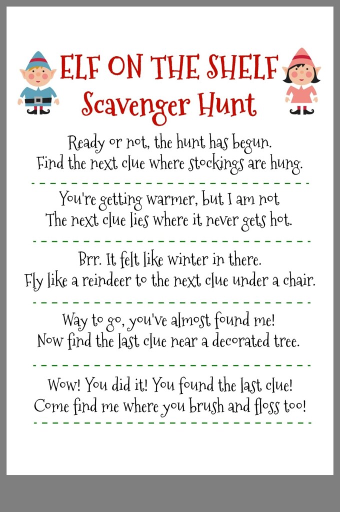 Elf Scavenger Hunt Free Printable Printable Template Calendar