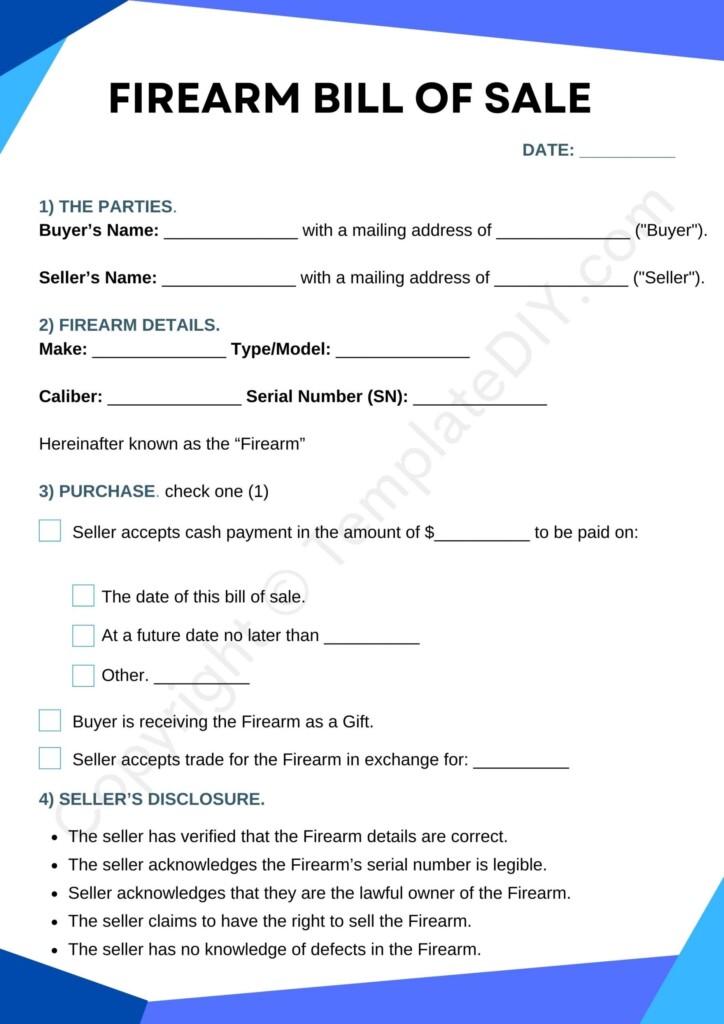 Firearm Bill Of Sale Blank Printable Form Template In PDF Word