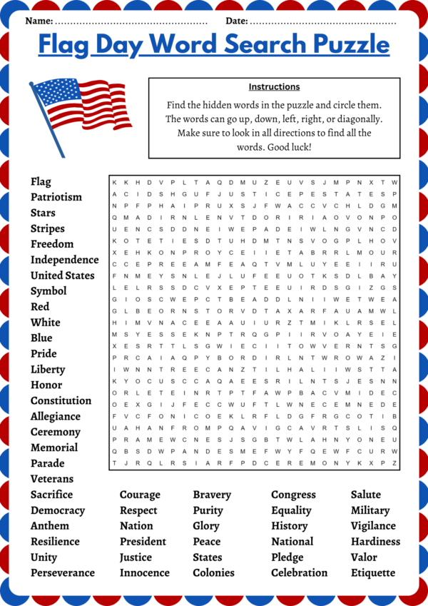 Flag Day Word Search Free Printable Word Search Maker