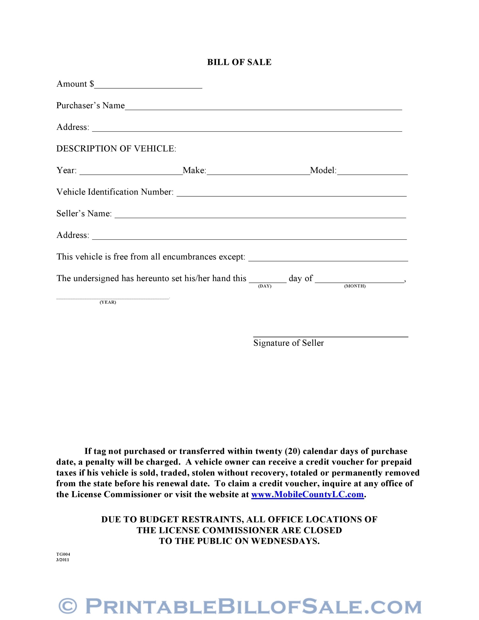 Free Mobile County Alabama Motor Vehicle Bill Of Sale Form TG004