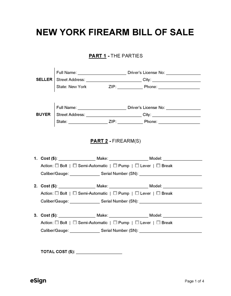 Free New York Firearm Bill Of Sale Form PDF Word
