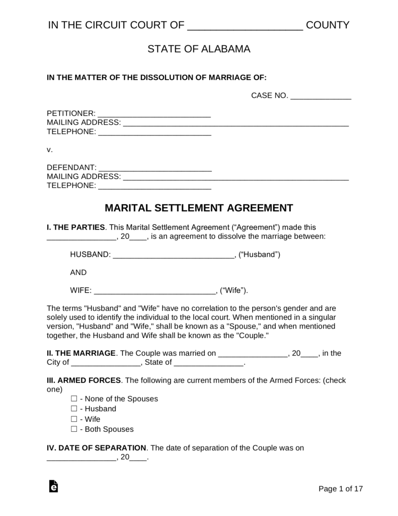 Free Printable Alabama Divorce Papers