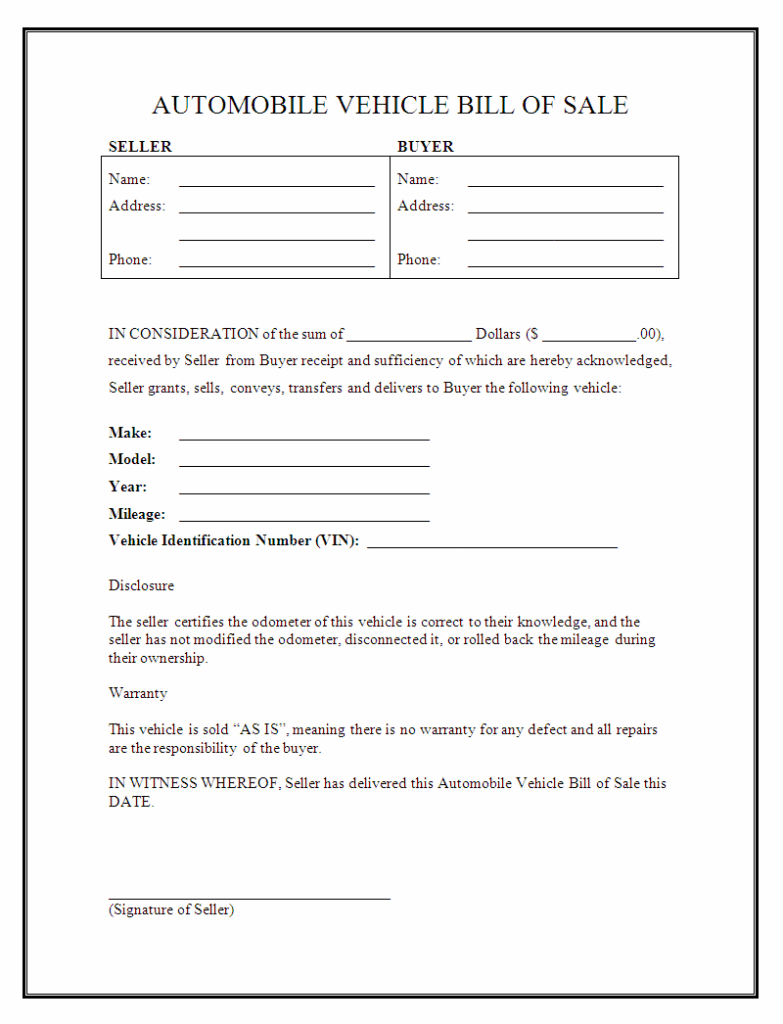 Free Printable Bill Of Sale For Car Iowa