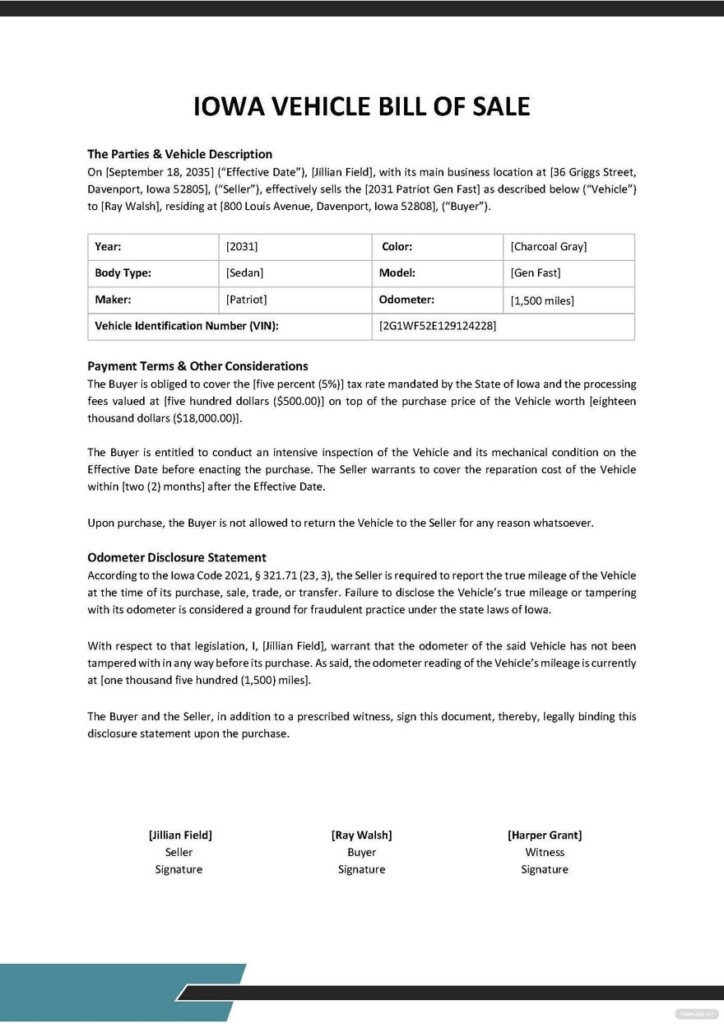 Free Printable Bill Of Sale For Car Iowa Prntbl 