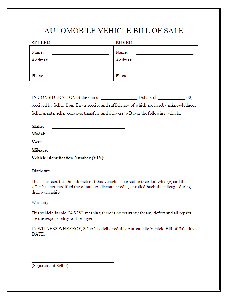 Free Printable Bill Of Sale For Car Iowa