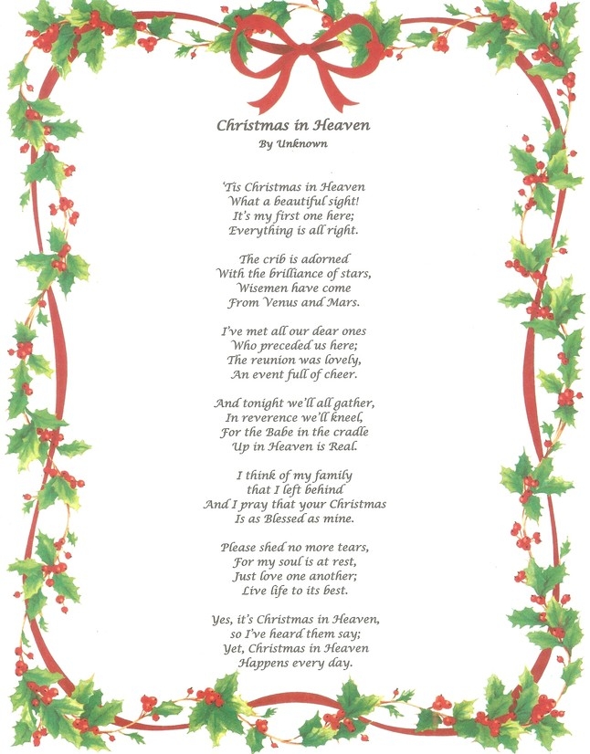 Free Printable Christmas In Heaven Poem Printable