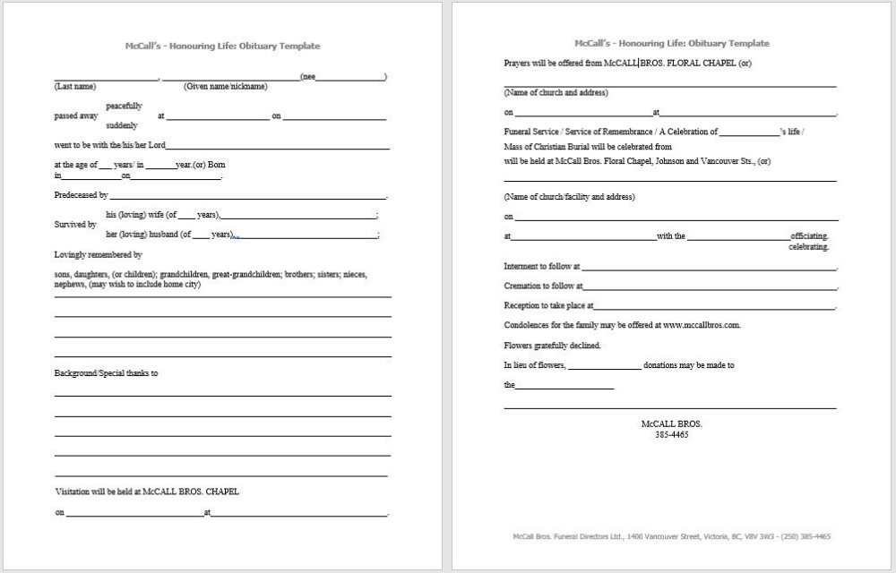 Free Printable Obituary Templates 21 Free Obituary In Fill In The Blank