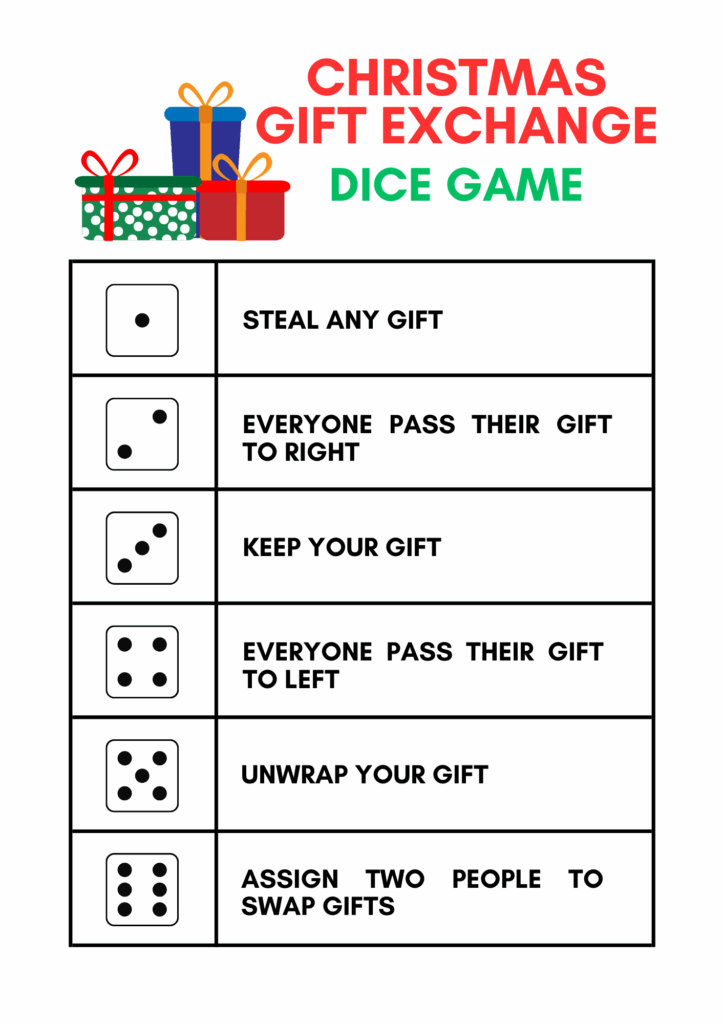 Free White Elephant Gift Exchange Dice Christmas Printable 