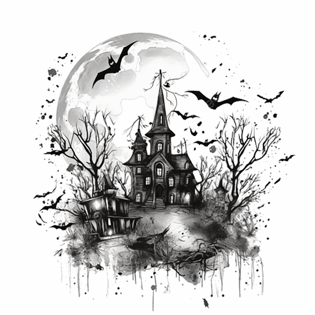 Halloween Black And White Spooky Building Castle Plant PNG 