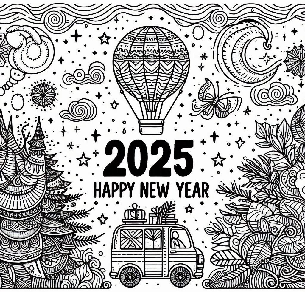 Happy New Year 2025 Coloring Pages Free Printable Carley Margaux