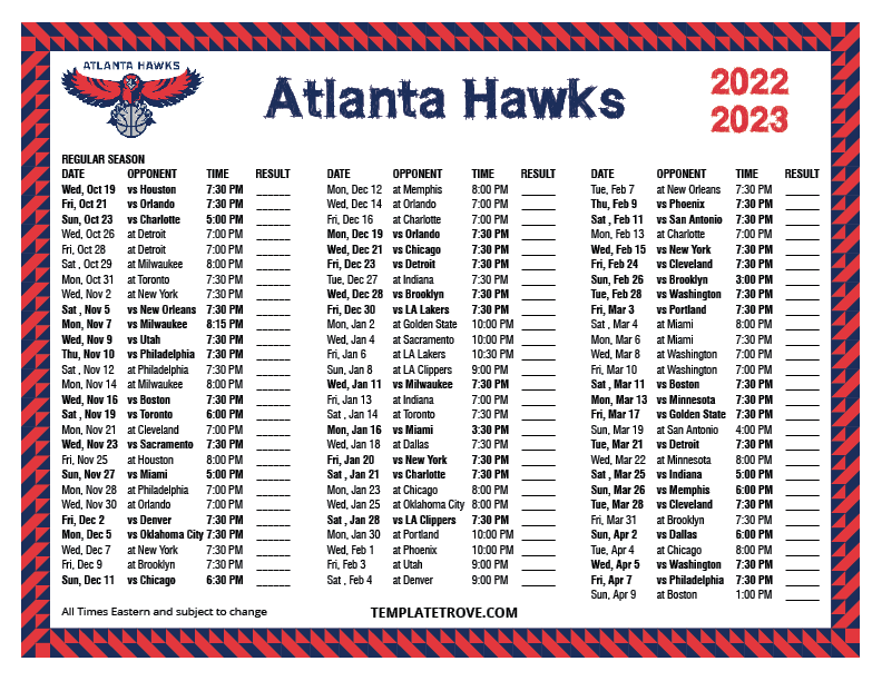 Printable 2022 2023 Atlanta Hawks Schedule