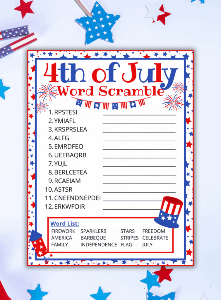 Printable 4th Of July Word Scramble Free For Children Free Download 