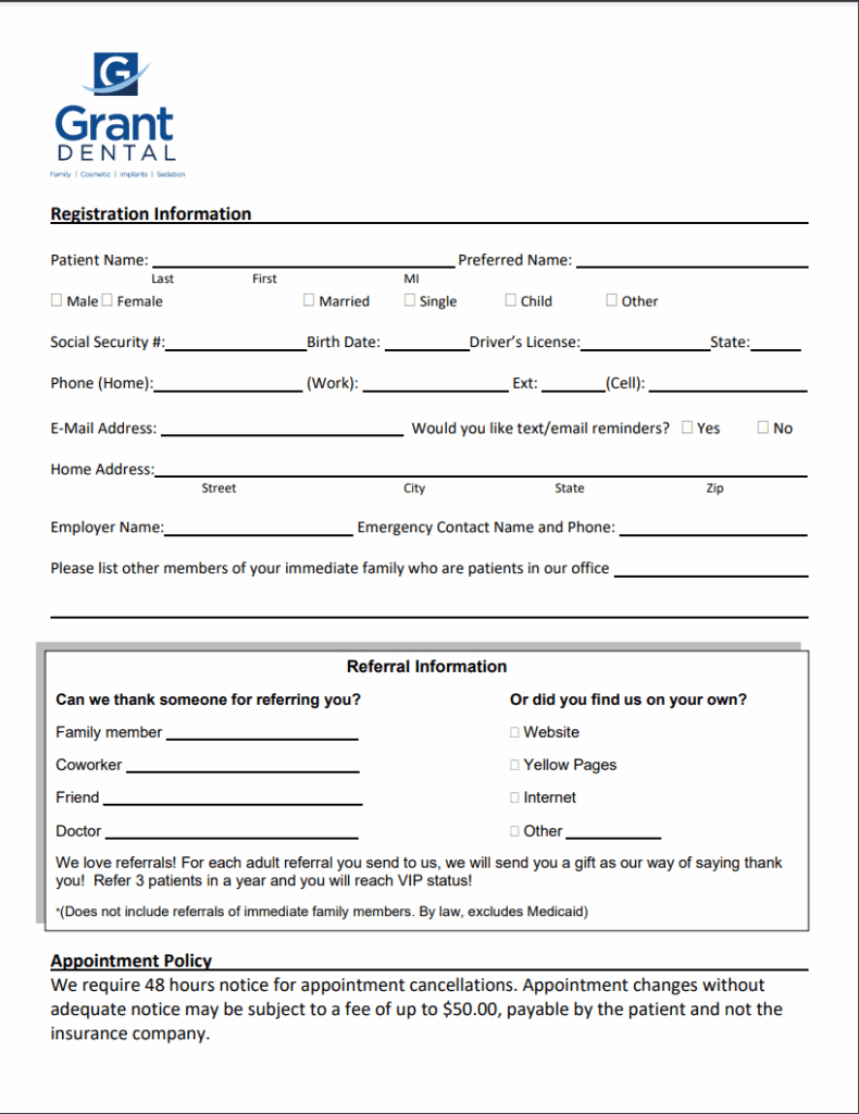 Printable Dental Registration Forms Printable Forms Free Online