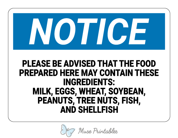 Printable Food Allergy Notice Sign Worksheets Library