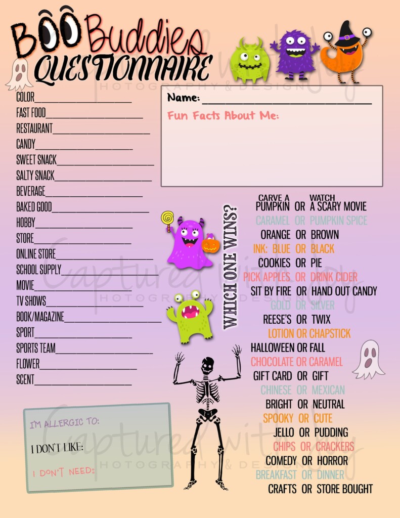 Printable PDF Boo Buddies Questionnaire 23 Halloween Theme Gift 