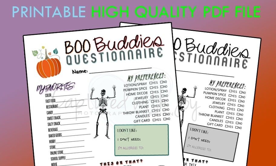 Printable PDF Boo Buddies Questionnaire For Halloween Theme Gift
