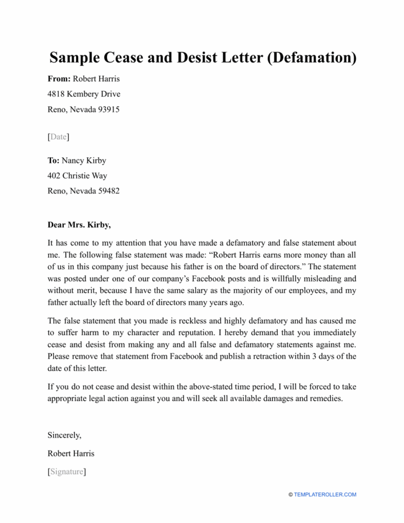 Sample Cease And Desist Letter Defamation Download Printable PDF 
